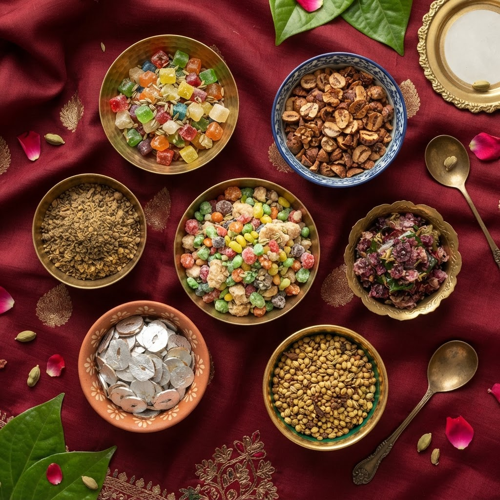 Assortment of Manak Moti supari and mukhwas varieties in brass bowls