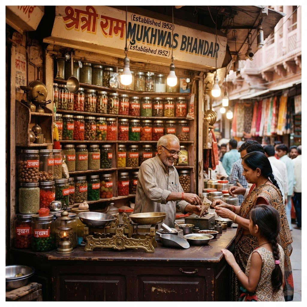 The traditional Arora Supari Bhandar shop counter in Jodhpur